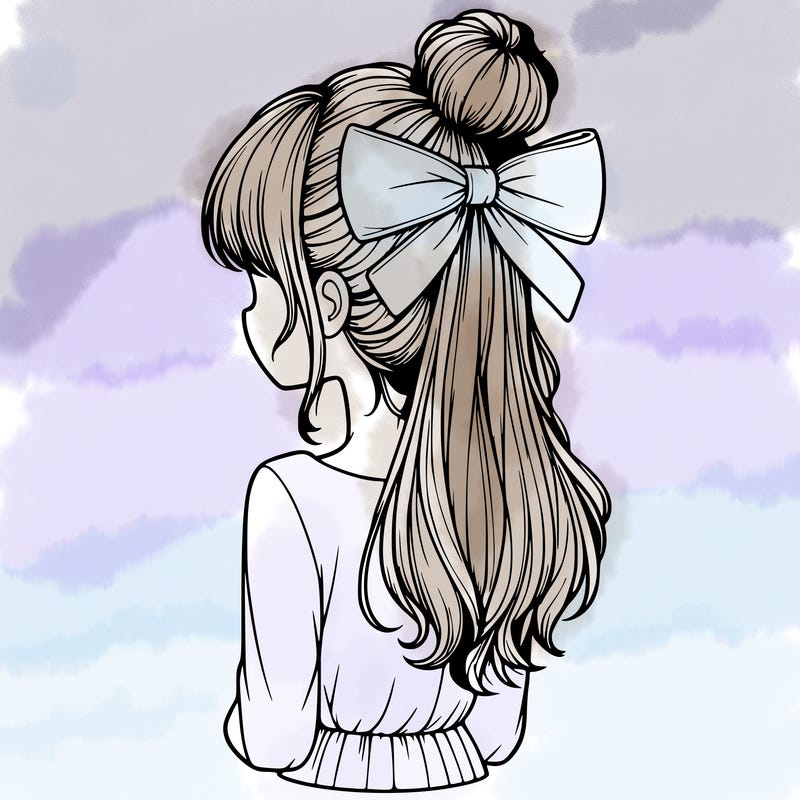 realistic girl  with hip length hair a bun and a big bow on the back of head