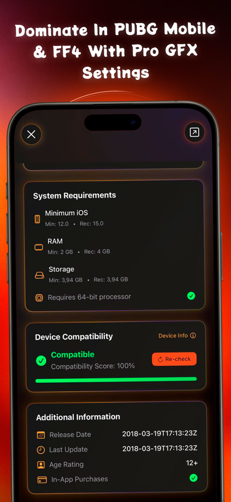 L'application GFX Pro affichant les exigences système des jeux mobiles et le statut de compatibilité de l'appareil.