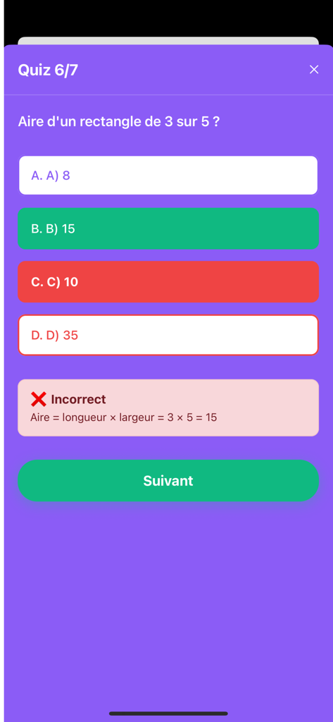 Tutori - A math quiz screen in the Tutori app showing a geometry question with an incorrect answer selection and a corrective explanation.