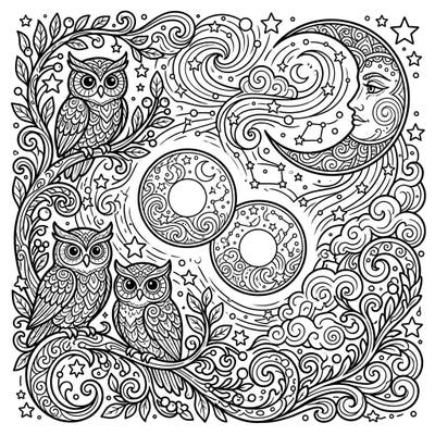 Explore the magic of the night with this enchanting coloring page, blending intricate contact lenses with a serene celestial landscape. Discover wise owls, a mystical moon, and countless stars awaiting your creative touch.