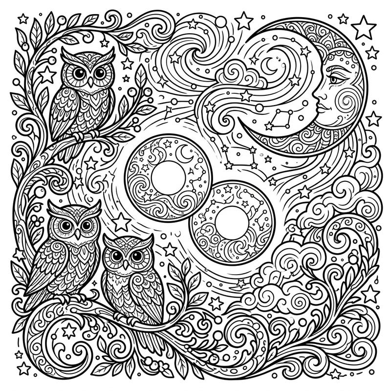 Explore the magic of the night with this enchanting coloring page, blending intricate contact lenses with a serene celestial landscape. Discover wise owls, a mystical moon, and countless stars awaiting your creative touch.