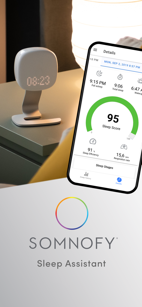 Somnofy - Somnofy non contact sleep tracker device on a nightstand shown with the mobile app displaying a 95 sleep score and health data