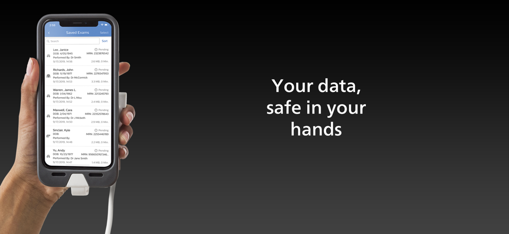 A smartphone screen showing a list of saved medical ultrasound exams with patient names and medical record numbers