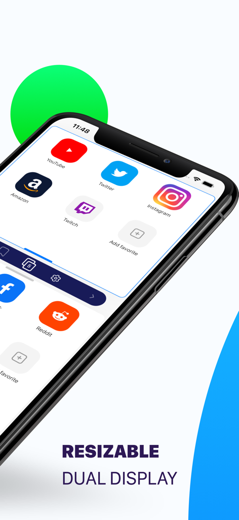 Interface d'application mobile montrant un double écran redimensionnable avec plusieurs icônes d'applications de réseaux sociaux et de shopping