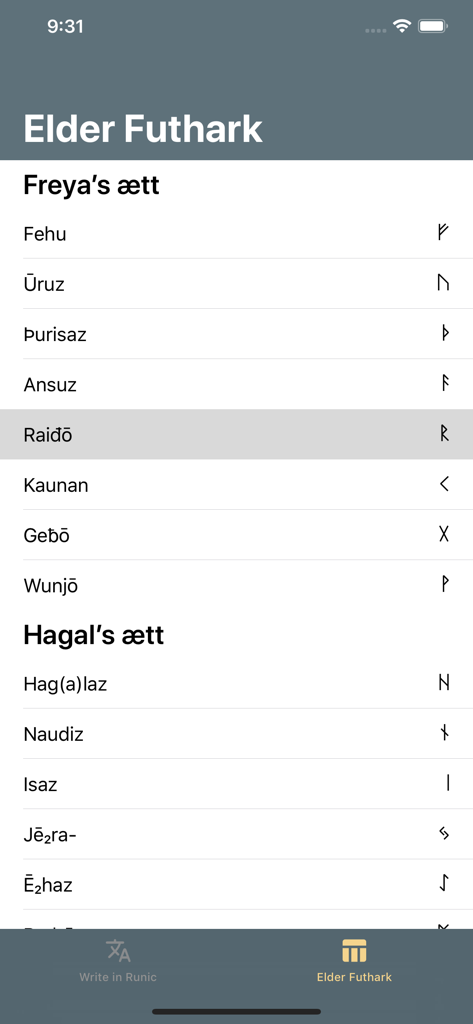 Write in Runic - A reference list of Elder Futhark runes and their symbols within the Write in Runic app