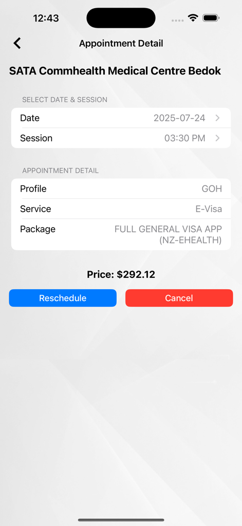 SATA Public - SATA Public app screen displaying details of a medical appointment including date, time, and price with options to reschedule or cancel.