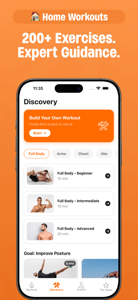 1 Minute Workout: Daily Habit - Discovery screen of the 1 Minute Workout app showing full body workout categories and difficulty levels