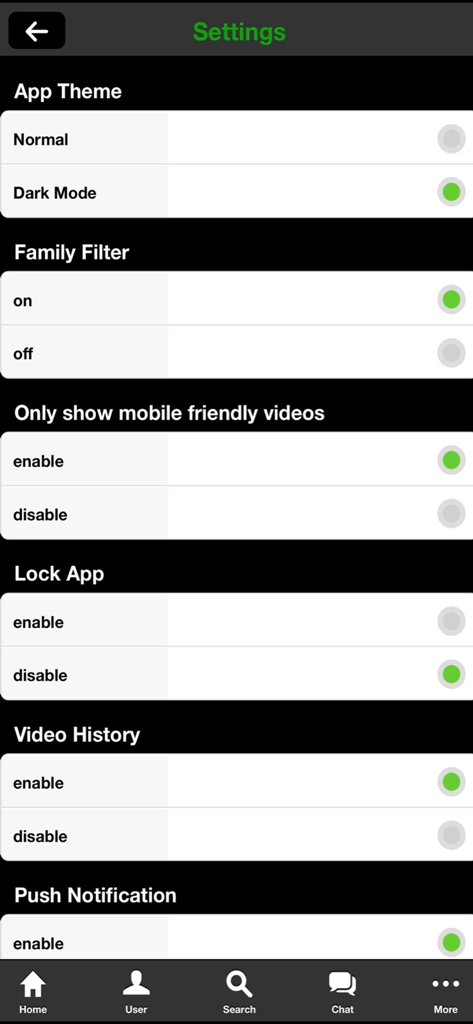 MyVidsterPRO - Settings screen of the MyVidsterPRO app showing dark mode and family filter options