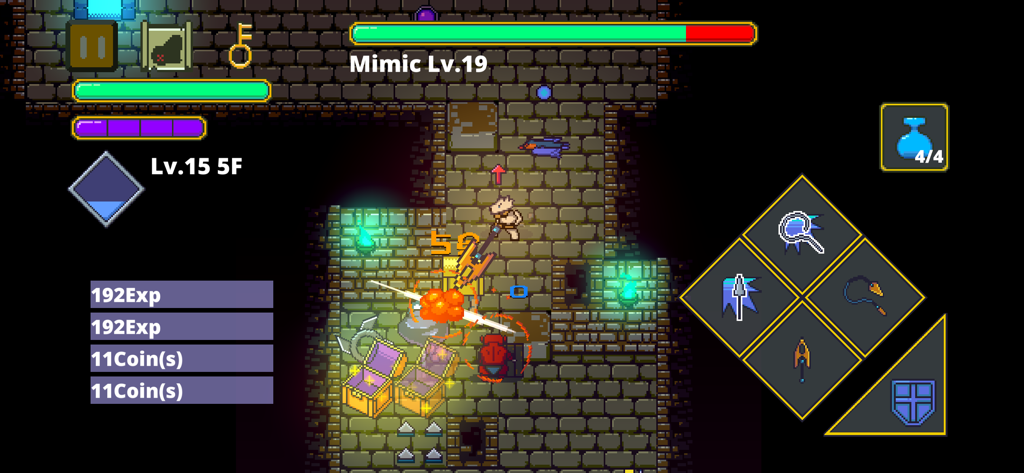 Labyrinth Legend - A pixel art gameplay screenshot of Labyrinth Legend showing a level 15 character fighting a level 19 mimic in a dungeon.