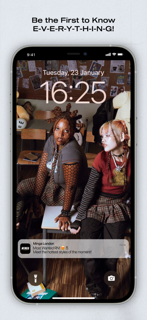 iPhone lock screen showing a Minga London app notification about new fashion styles over a background of alternative models