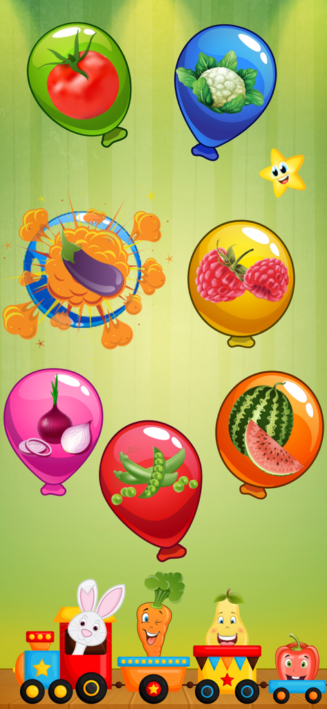 Balloon pop - toddler games - Interfaz de juego educativo de explotar globos coloridos para niños pequeños con verduras, frutas y un tren de juguete