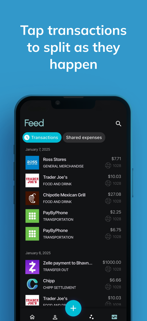 Chipp - Mobile app interface showing a transaction feed for splitting daily expenses with friends