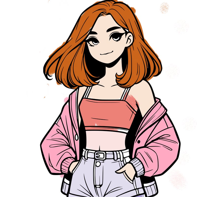 a realistic girl with a crop top and short shorts in an open jacket