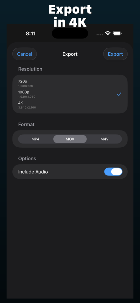 Montaj - Video Editor - Montaj video editor export screen showing options for 4K resolution and MOV format