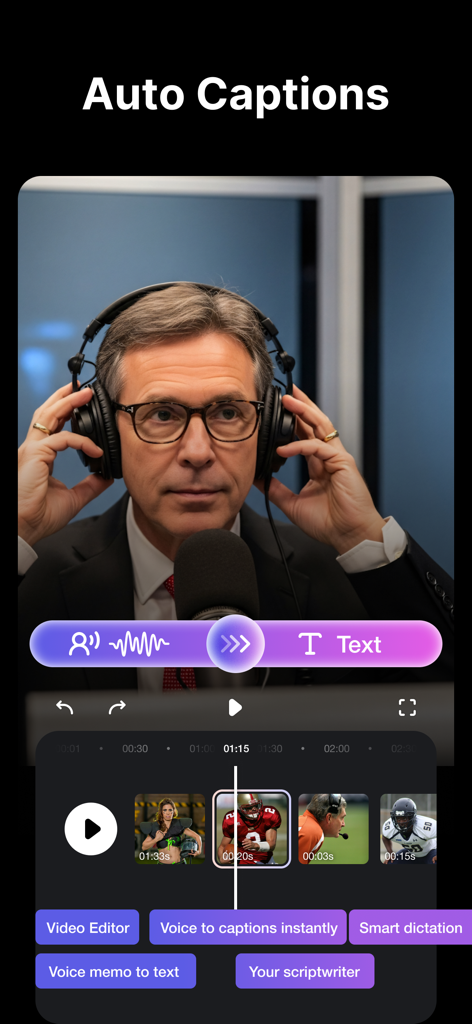 TrimCut - Video Editor - Interface do aplicativo TrimCut apresentando legendas automáticas e ferramentas de edição de voz para texto para vídeos de mídia social.