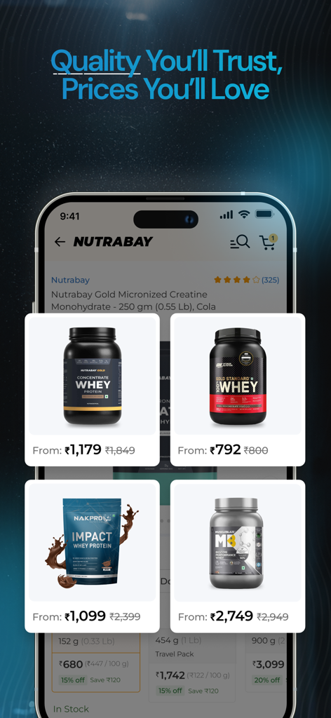 Nutrabay: Shop Supplements - Nutrabay mobile app screen showing various whey protein supplements with prices and discounts