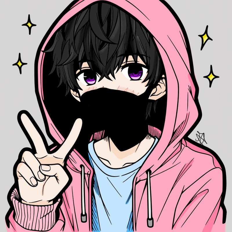 teenage manga boy in a hoodie, doing ✌