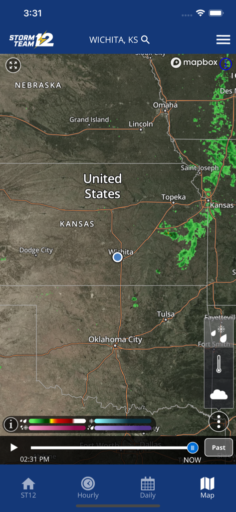 Weather radar map for Wichita Kansas on the Storm Team 12 mobile app