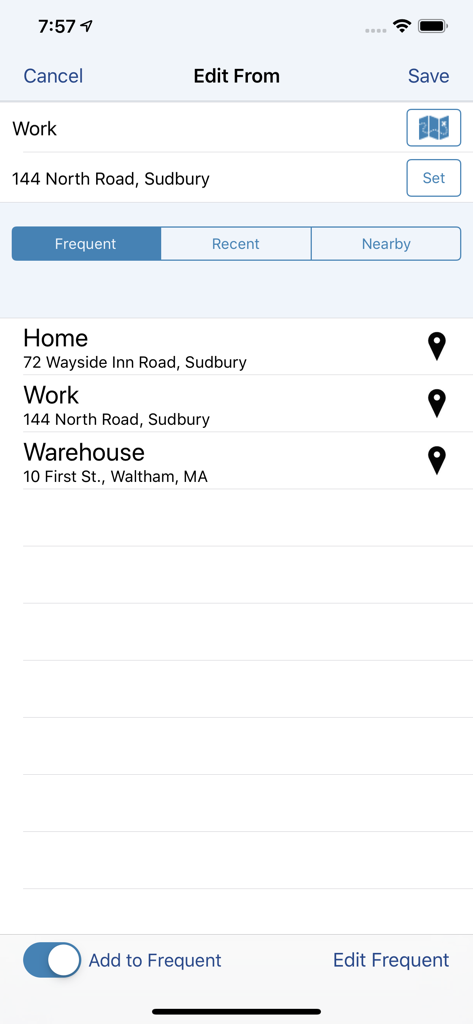 MileTracker Pro - MileTracker Pro app screen for selecting frequent trip locations like home and work for tax compliant mileage tracking.