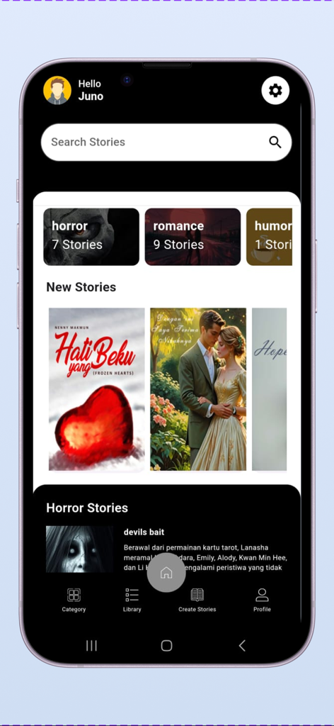 Titik & Koma - Home screen of the Titik and Koma app showing horror and romance story categories and trending titles