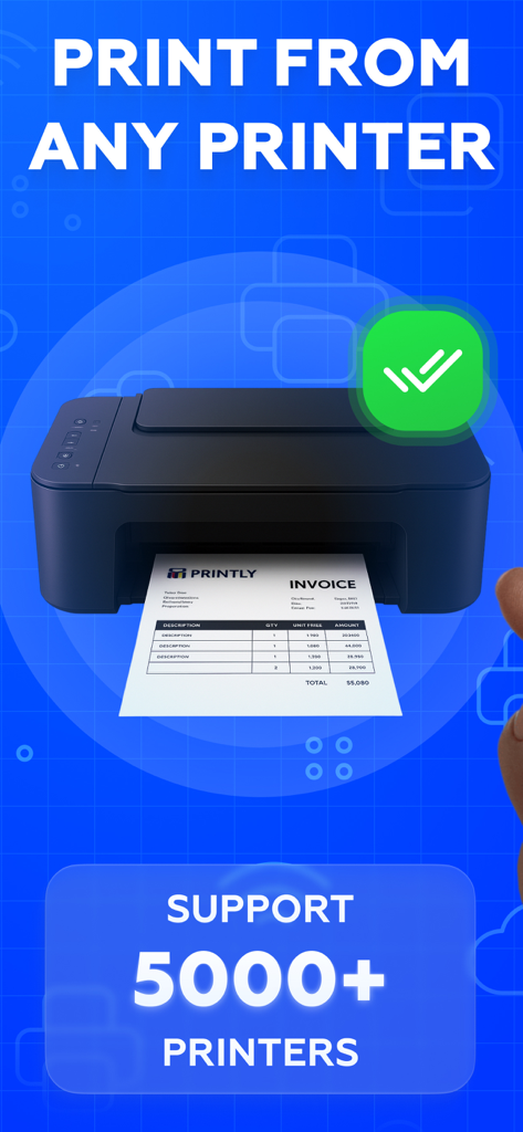 Print from Phone - Printly - Screenshot of Printly app showing compatibility with over 5000 printers for mobile printing of invoices and documents.