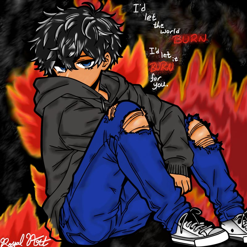 a male hoddie ripped jeans messy hair anime