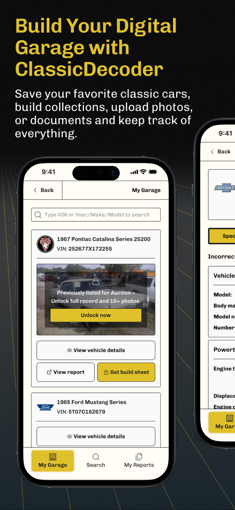 Classic Car VIN Lookup - Interface of Classic Car VIN Lookup app showing the digital garage feature for saving vintage vehicles