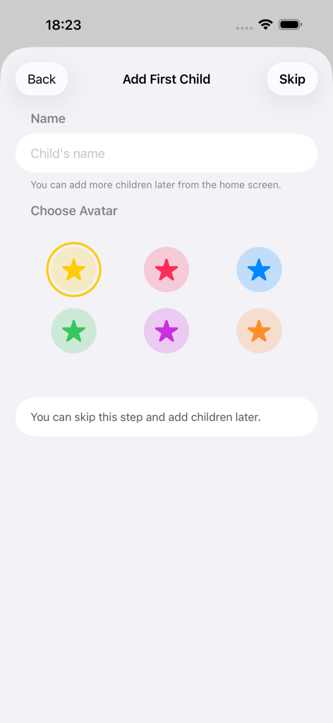 Reward-E - Star Rewards - The Add First Child screen in Reward-E featuring a name input and colorful star avatar selection.