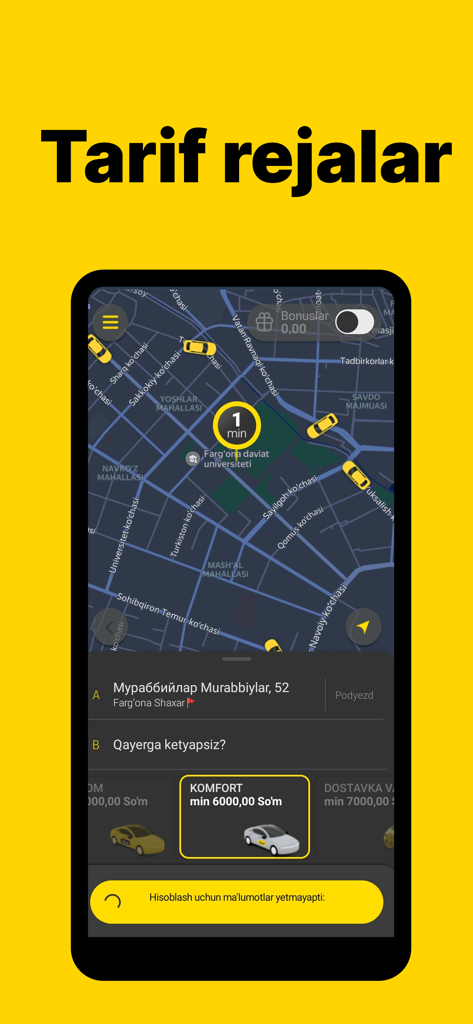 Metro Taxi: Такси и Доставка - Metro Taxi app interface showing the map and comfort tariff options in Fergana