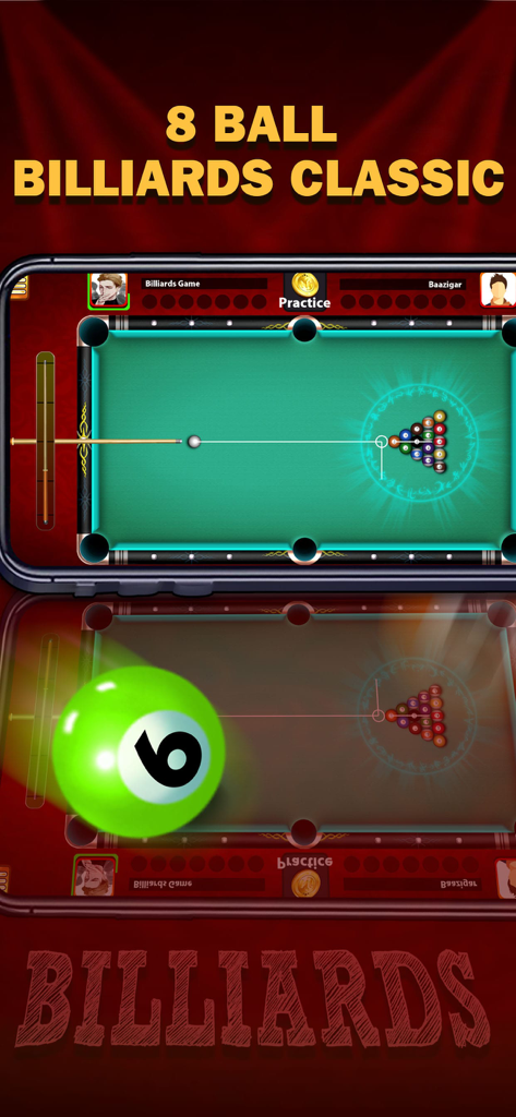 A top-down view of an 8-ball billiards pool table on a mobile screen showing the opening break shot