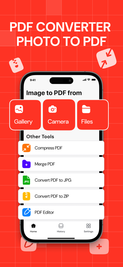 Pantalla principal de la aplicación convertidora de PDF en un iPhone, mostrando opciones para convertir imágenes de la galería o cámara a PDF, además de otras herramientas como comprimir y fusionar.
