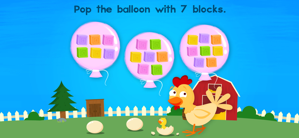 Animal Pre-K Preschool Games - Preschool counting game with balloons and a cartoon chicken on a farm.