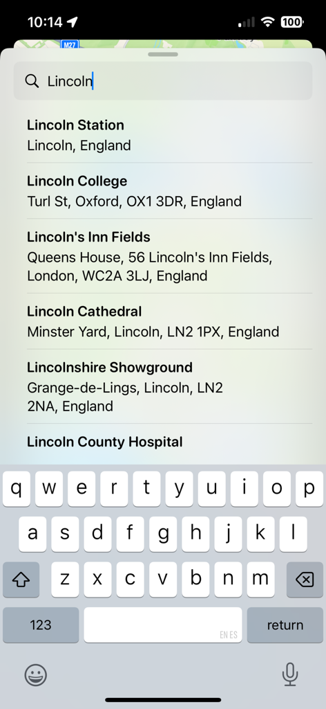 BenchmarksGB - Search results for Lincoln landmarks in the BenchmarksGB app interface