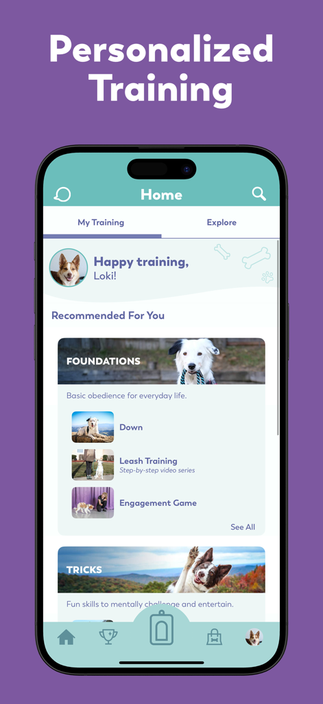 Puppr - Dog Training & Tricks - Puppr app home screen showing personalized training recommendations and basic obedience lessons for a dog