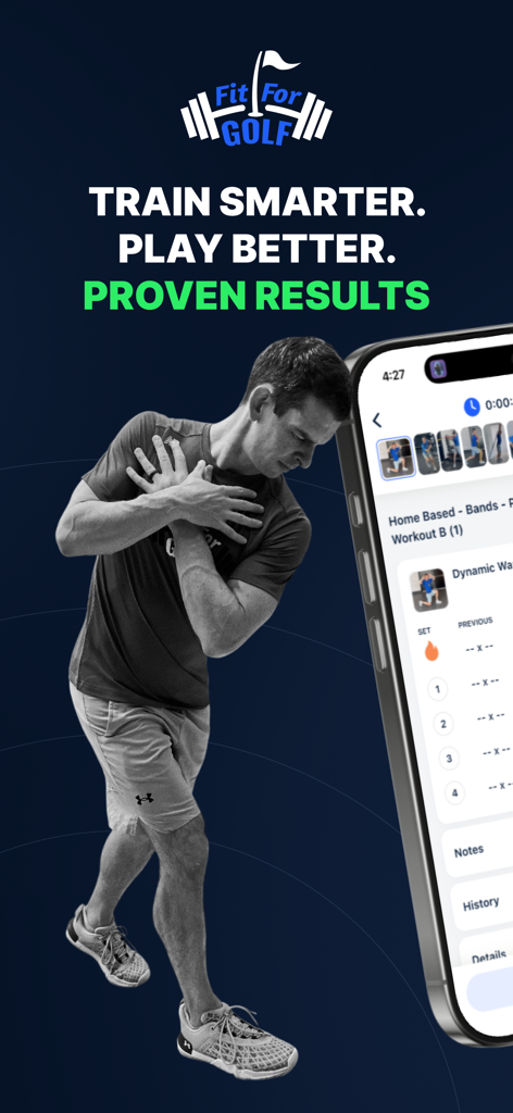 Fit For Golf 2.0 - A golfer performing specialized fitness exercises with the Fit For Golf app interface displayed on a smartphone
