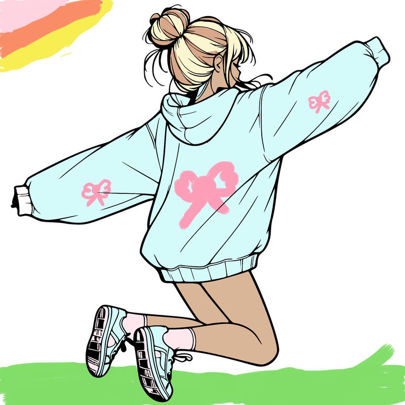 realistic girl jumping with a bun and oversized sweatshirt