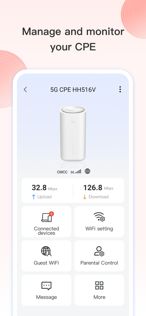 TCL Connect app interface displaying 5G CPE router status with upload and download speeds and management options like parental controls and WiFi settings