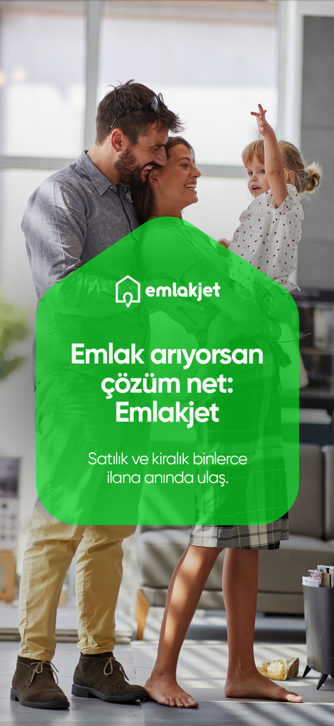 Emlakjet: Emlak Ara & İlan Ver - A happy family embracing in a home with the Emlakjet app logo and Turkish real estate search text