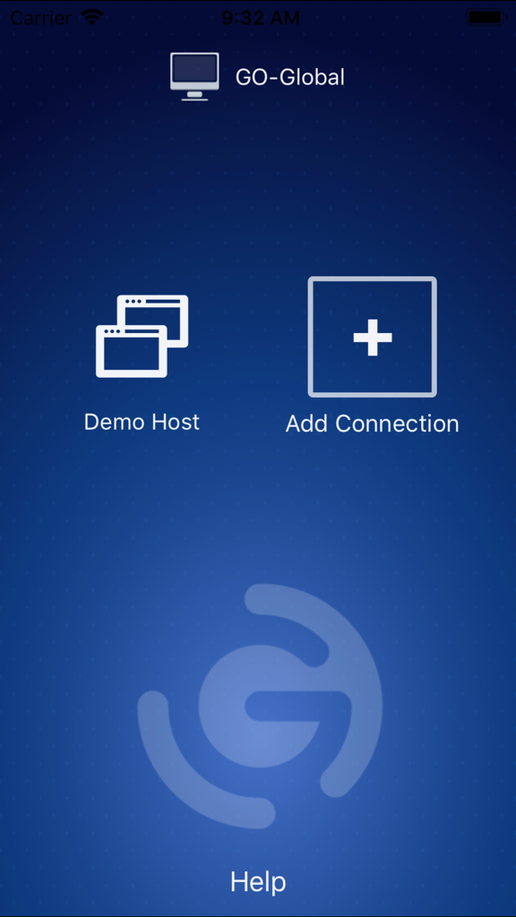 GO-Global - Menu principale dell'app mobile GO-Global con opzioni per Demo Host e Aggiungi Connessione su sfondo blu.