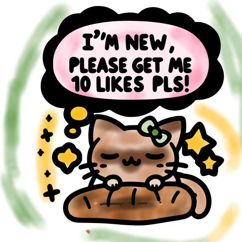 kitty taking a nap dream talking and saying "i'm new, please get me at least 10 likes pls!!"