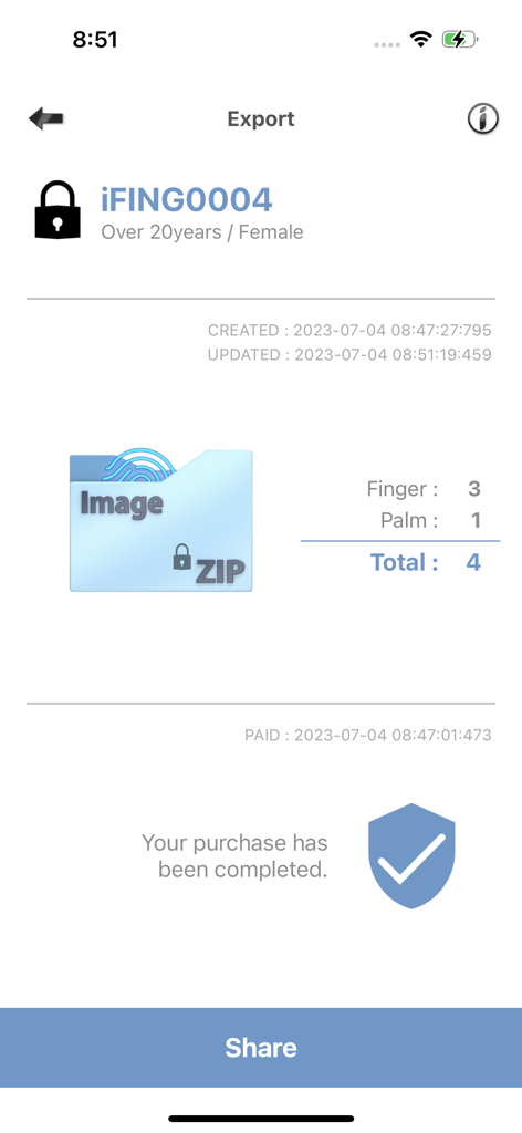 iFING Scanner - Purchase confirmation screen in iFING Scanner app showing a summary of captured biometric data and a share button for the encrypted zip file.