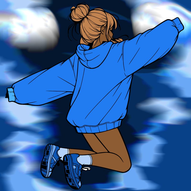 realistic girl jumping with a bun and oversized sweatshirt
