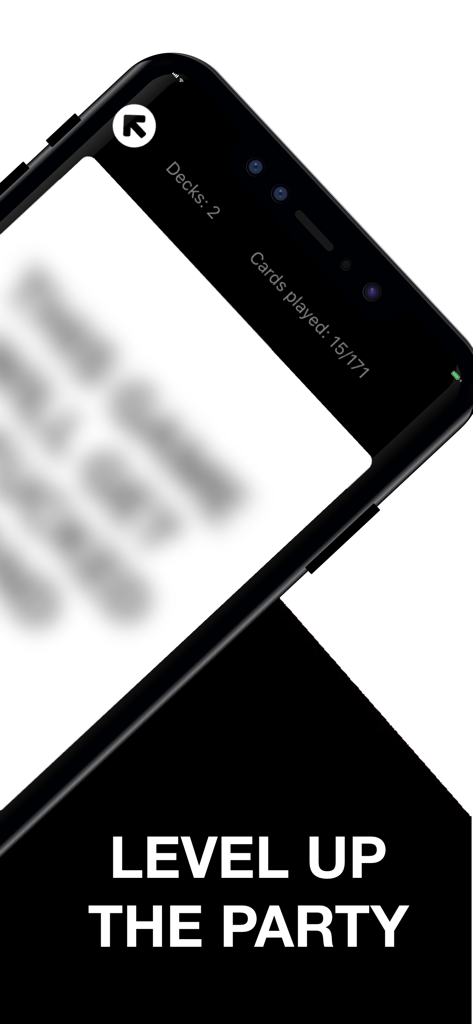 Interface do aplicativo Buzzed Party Games mostrando o slogan Level Up The Party e a tela do jogo de cartas