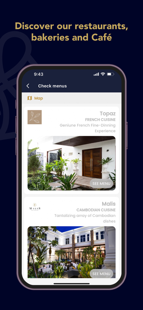 Thalias - A mobile screen from the Thalias app listing various restaurants and their menus.