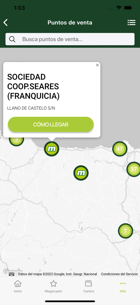 Mapa localizador de tiendas en la app masymas mostrando ubicaciones de supermercados cercanos y direcciones.