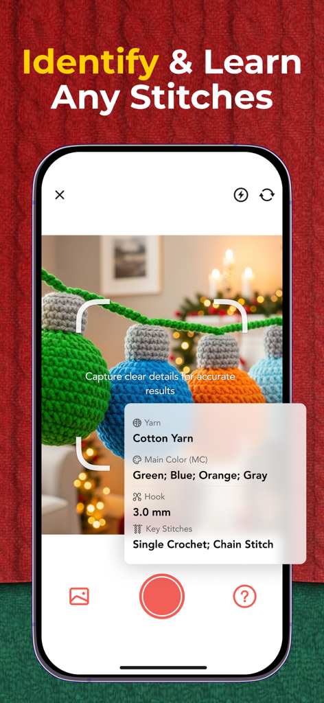 YarnPal - Crochet & Knitting - Interface de l'application YarnPal montrant la fonction d'identification de points par IA scannant des ornements au crochet