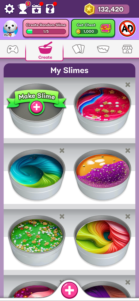 Galerieansicht von benutzerdefinierten Schleimen in der Super Slime Simulator App