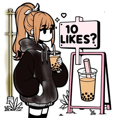 girl with oversized hoodie drinking boba and she has a high ponytail with a sign that says 10likes?
