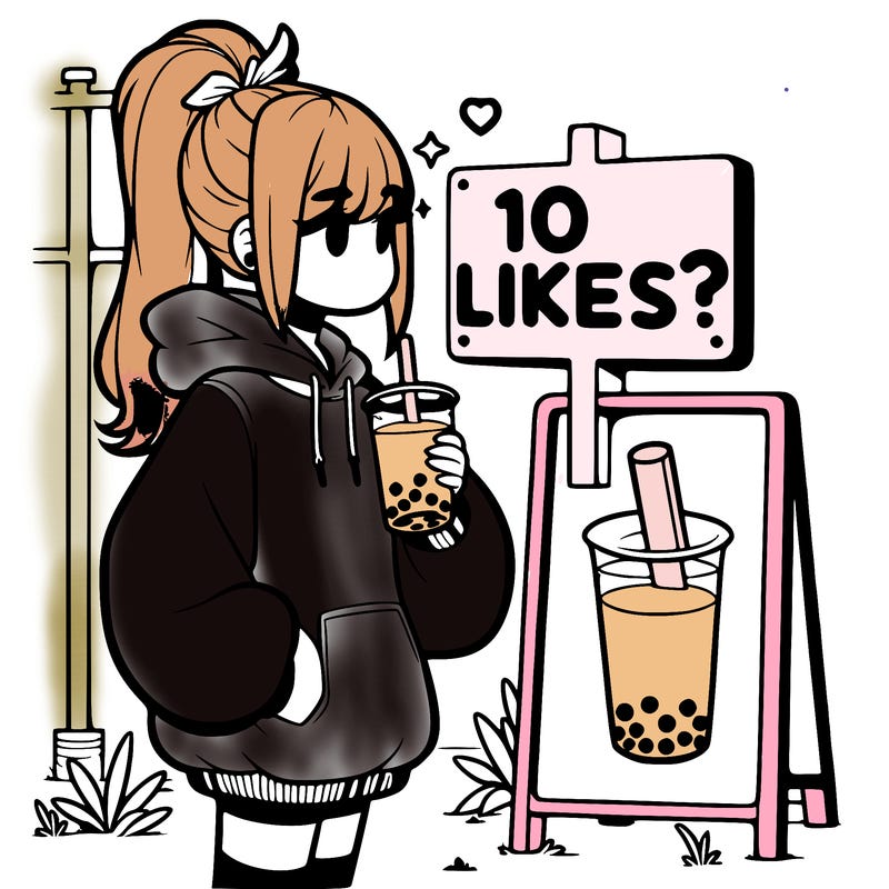 girl with oversized hoodie drinking boba and she has a high ponytail with a sign that says 10likes?