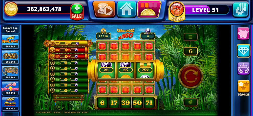 China Shores Slingo game interface with bamboo background and slot reels